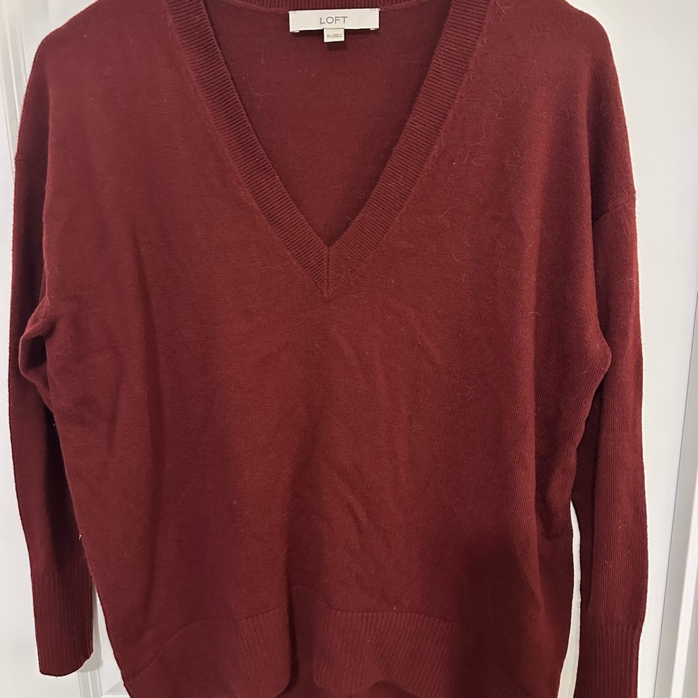 LOFT Red V-Neck Sweater Soft Knit Relaxed Fit